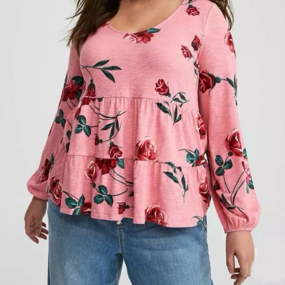 Tiered Long Sleeve Pink Floral Top